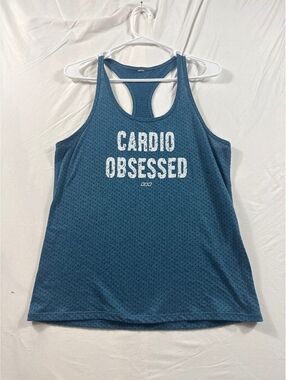 Lorna Jane Blue Mesh Racerback Tank Top with 'Cardio Obsessed' Print